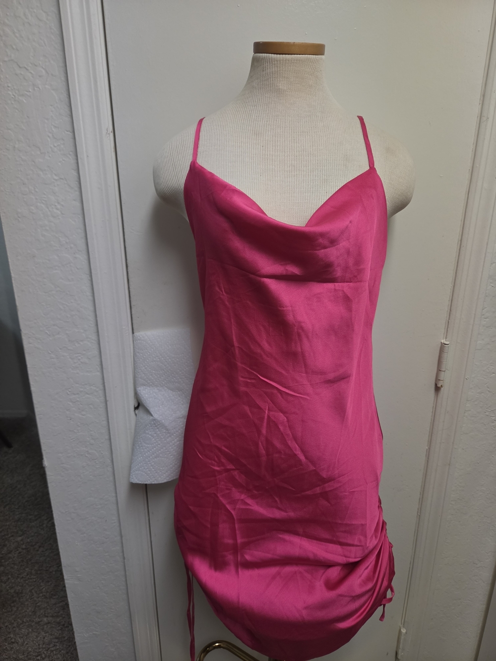 Women's Hot Pink Satin Cowl Neck Mini Dress